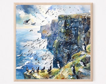 Impresión en acuarela de los acantilados de Moher: arte mural con paisajes irlandeses