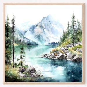 Mountain lake painting watercolor art print blue green wall art minimalist landscape pine forest artwork square wall decor home decor gift