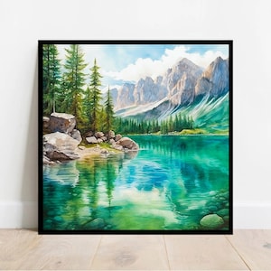 Mountain Lake Watercolor Blue Green Wall Art Panoramic Landscape ...