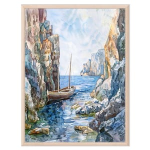 Sailboat in Irish Cliffs Watercolor Painting Print, Irish Coastal Art Print, Ireland Gift, Ireland Art, Coastal Wall Art, Seascape Art, Gift