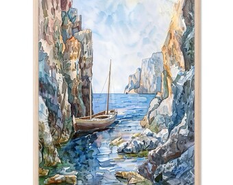 Irish Coastal Art Print: Sailboat in Cliffs Watercolor Seascape