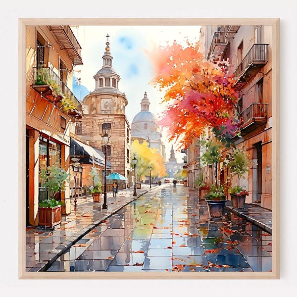 Madrid Cityscape Watercolor Art Print: Spain Travel Gift