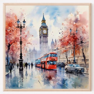 ロンドンのプリント、ロンドンの壁画、ロンドンの水彩画、ビッグベンのスケッチ、ボヘミアンスタイルの絵画、ロンドンの都市アート、ロンドンの赤いバス。LO