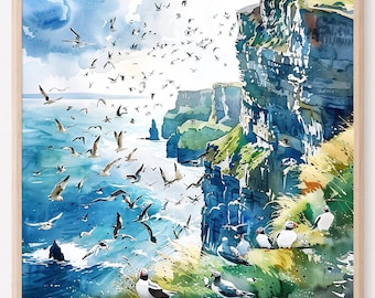 Impresión en acuarela de los acantilados de Moher: arte mural con paisajes irlandeses