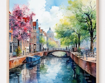 Amsterdam Netherlands Canal, Amsterdam Wall Art, Springtime Watercolor Painting, Architecture Print, Amsterdam Poster. AMSTERDAM