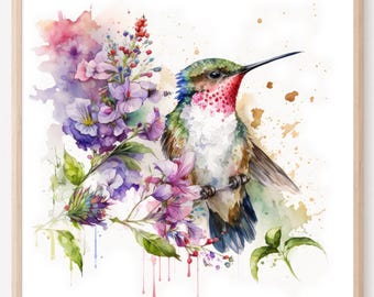 Hummingbird Watercolor Art Print: Green, Pink Bird & Flowers