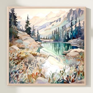 Peut inclure: Une peinture à l'aquarelle d'une scène de lac de montagne avec un reflet des arbres et des montagnes environnants dans l'eau. La peinture présente une variété de verts, de bleus et de bruns.