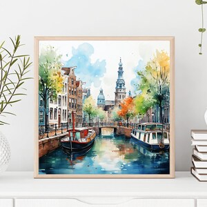 May include: Watercolor painting of a canal scene in Amsterdam, Netherlands. The painting features a narrow canal with two boats, one red and one white, and buildings lining the canal. The buildings are painted in a variety of colors, including red, yellow, and blue. The sky is a light blue with white clouds.