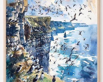 Impresión de los acantilados de Moher, Irlanda. Arte paisajístico costero en acuarela. Decoración de pared con naturaleza irlandesa.