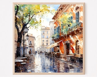 Impressão artística em aquarela de Roma, Itália: pôster de viagem com paisagem urbana europeia