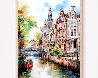 Impressão artística do Canal de Amsterdã: Pintura em aquarela, pôster de viagem boho