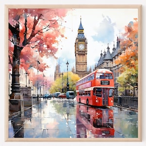 London City Watercolor Painting Print, Engeland Travel Poster Print, Big Ben Wall Art, London Red Bus Wall Decor. LO