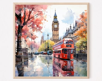 London City Watercolor Painting Print, Engeland Travel Poster Print, Big Ben Wall Art, London Red Bus Wall Decor. LO