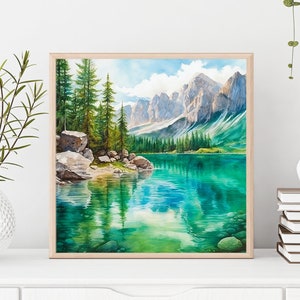 Mountain Lake Watercolor Blue Green Wall Art Panoramic Landscape ...