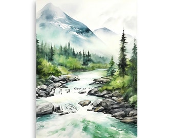 山と川の水彩画プリント：青と緑の風景画 - Etsy 日本