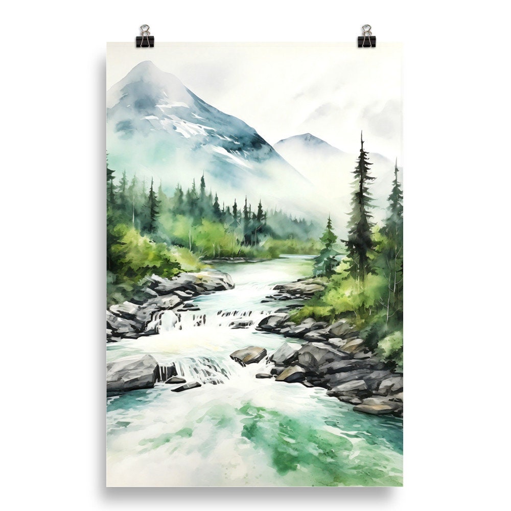 山と川の水彩画プリント：青と緑の風景画 - Etsy 日本
