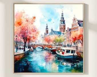 Amsterdam Canal Watercolor Art Print: Netherlands Travel Poster