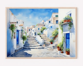 Santorini Greece Watercolor Painting Art Print, Santorini Wall Art, Greece Poster, Summer Home Decor, Travel illustration. GS