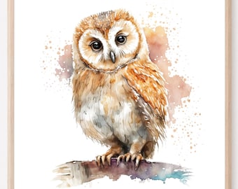 Watercolor Owl Wall Art Print, Boho Bird Home Decor, Woodland Animal Poster, Nature Illustration