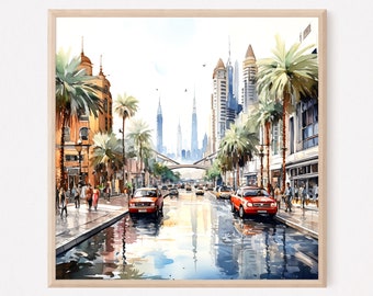 Dubai Skyline Watercolor Art Print: Modern Arabian Travel Poster