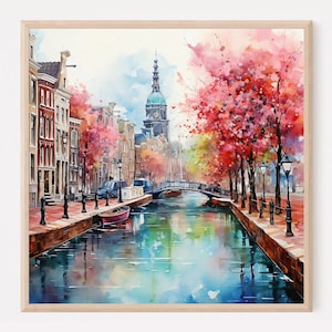 Amsterdam Canal Painting Art Print, European City, Travel Wall Art, Netherlands Poster, Amsterdam Scenery, European Landscape. AMSTERDAM