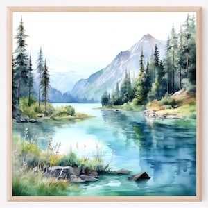 Alaska Painting Watercolor Poster Travel Art Print Alaska Mountain Lake Landscape Pine Trees Wall Art Home Decor Gift Art