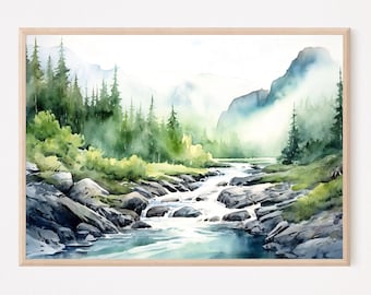 山と川のプリント：水彩風景画