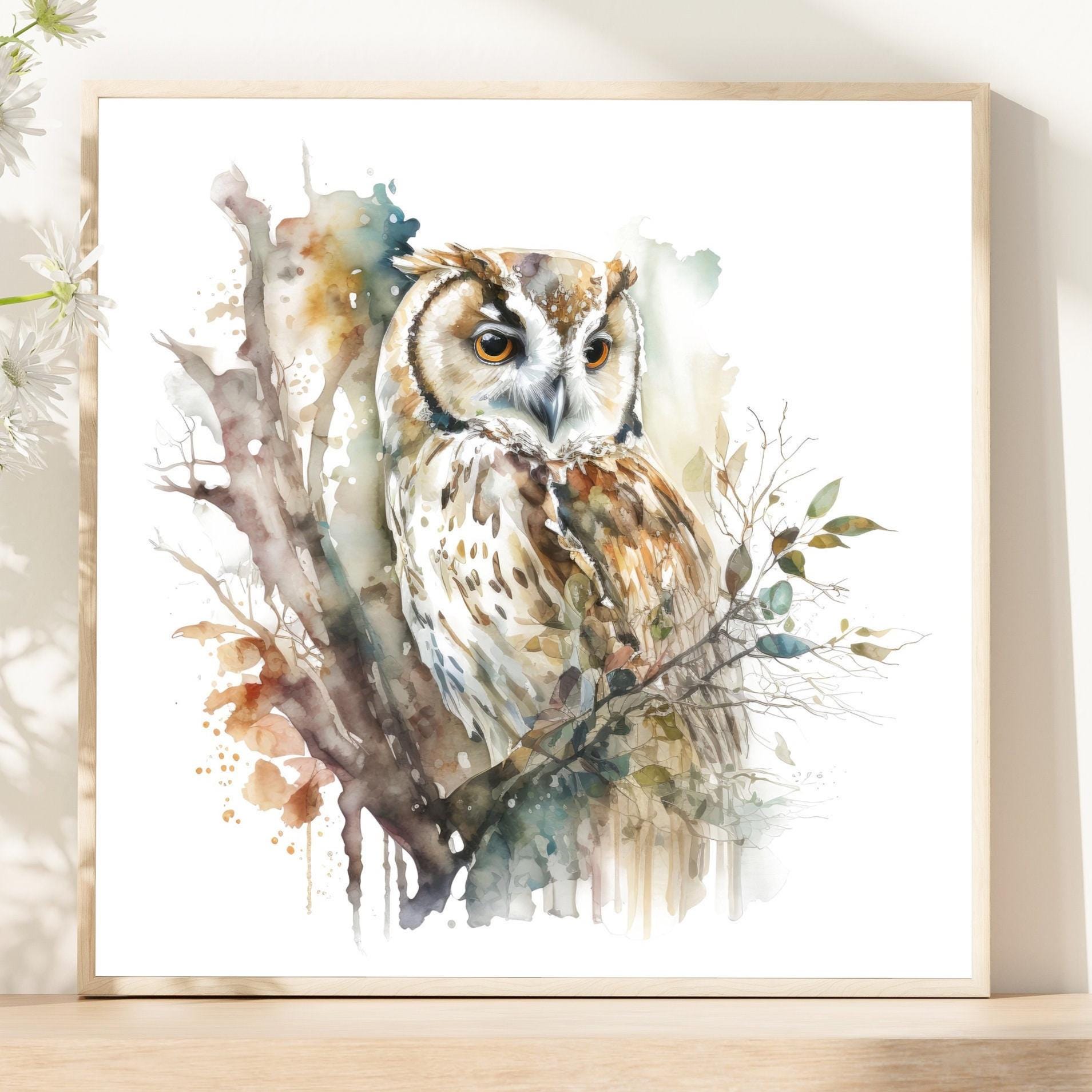 Owl Bird Watercolor Square Art Print &ndash; Nature Wall Art Home Decor. OP