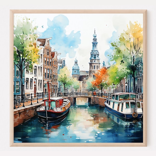 Amsterdam aquarel, woonboten kunst aan de muur, Nederland landschap, Amsterdamse grachtenposter, architectuur kunst aan de muur, woonboot print. AMSTERDAM