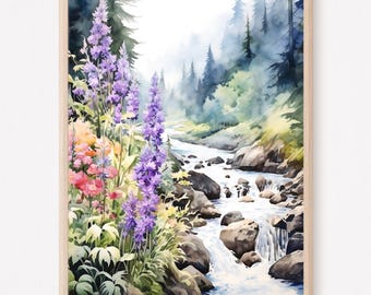 Mount Rainier Watercolor Art Print: Mountain River Landscape