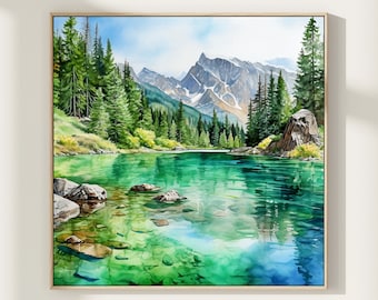 Mountain Lake Watercolor Art Print: Vivid Green Landscape