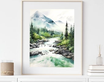 山と川の水彩画プリント：青と緑の風景画 - Etsy 日本
