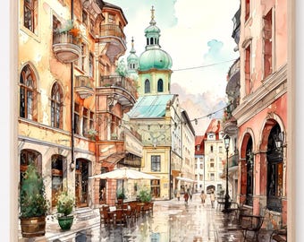 Innsbruck Austria Watercolor Art Print: European Travel Poster
