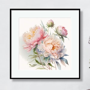Pode incluir: Uma pintura de aquarela emoldurada de pe&ocirc;nias rosa e brancas com folhas verdes. As flores est&atilde;o dispostas em um buqu&ecirc; e s&atilde;o pintadas em um estilo realista.