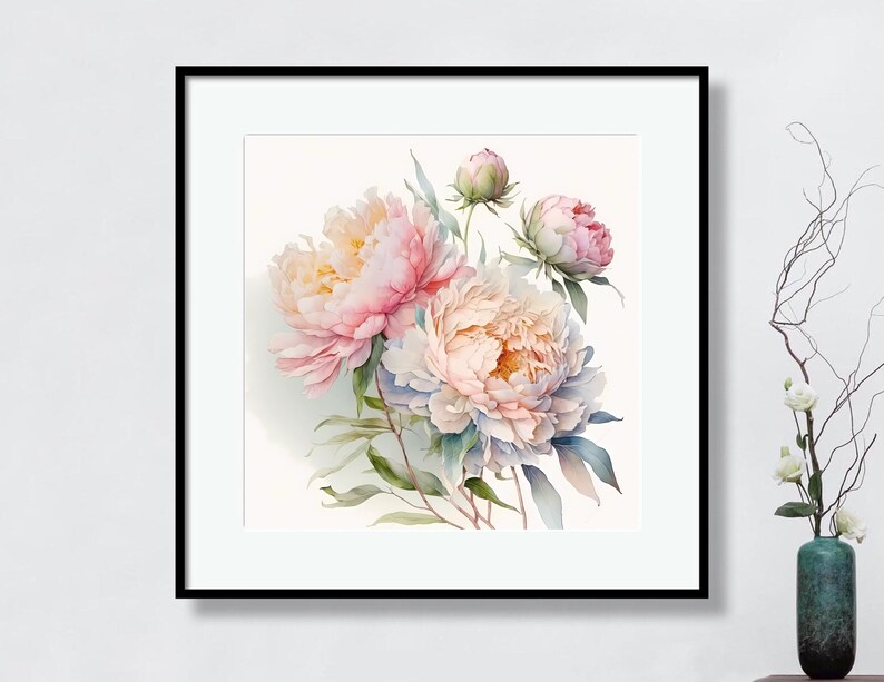 Pode incluir: Uma pintura de aquarela emoldurada de pe&ocirc;nias rosa e brancas com folhas verdes. As flores est&atilde;o dispostas em um buqu&ecirc; e s&atilde;o pintadas em um estilo realista.