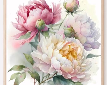 Pintura em aquarela de peônias rosas: impressão artística botânica da primavera