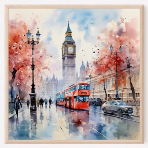 London print, London wall art, London watercolor painting, Big Ben sketch, Bohemian style painting, London city art,London red bus. LO