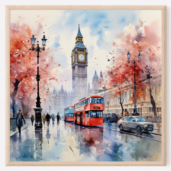 Impression de Londres, art mural de Londres, aquarelle de Londres, croquis de Big Ben, peinture de style bohème, art de la ville de Londres, bus rouge de Londres. LO