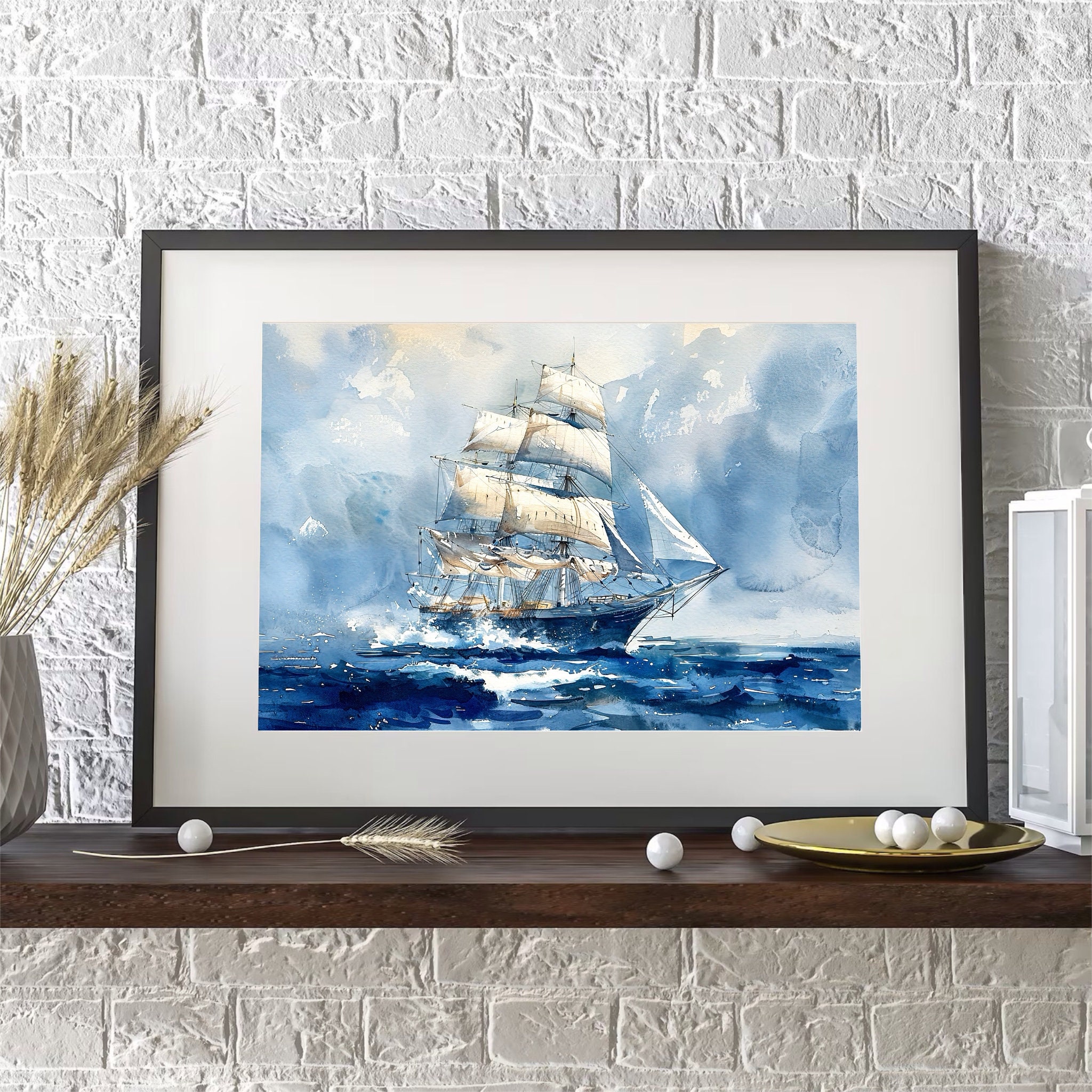 Three-masted Sailing Ship Art Print: Watercolor Seascape Painting - Etsy