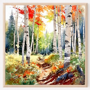 Aspen Painting Colorado Art Print Birch Watercolor Landscape Forest Wall Art Fall Poster