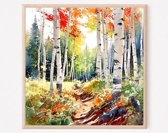 Aspen Painting Colorado Art Print Birch Watercolor Landscape Forest Wall Art Fall Poster