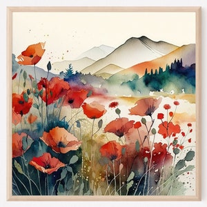 California Poppy Fields, Scenic Landscape Painting, Mountain and Wildflowers Art Print, Home Decor Gift, Square Painting. RP