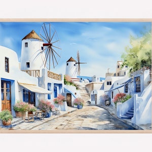 Santorini Griekenland origineel schilderij Art Print, kunst aan de muur Santorini, Griekenland poster, zomer Home Decor, reizen illustratie. GS