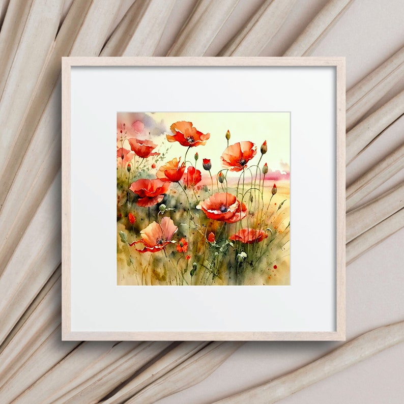 Poppy field wall art sunrise meadow watercolor painting abstract landscape fine art print wildflowers wall decor. RP image 9