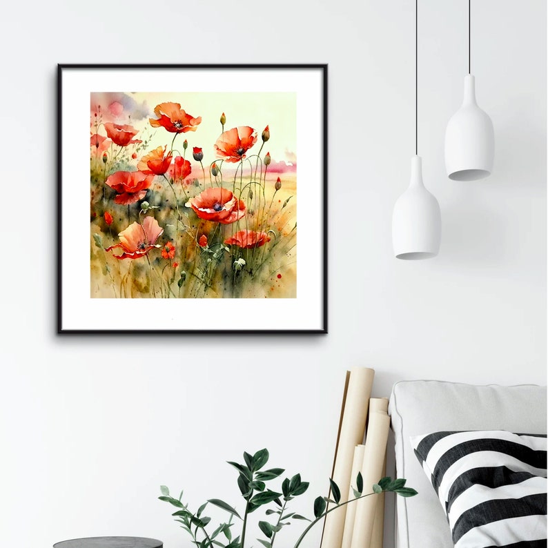 Poppy field wall art sunrise meadow watercolor painting abstract landscape fine art print wildflowers wall decor. RP image 6