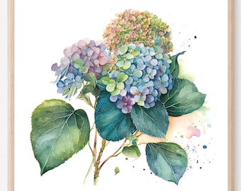 Blue Hydrangea Watercolor Art Print: Farmhouse Floral Illustration