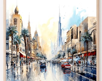 Dubai Skyline Watercolor Art Print: Modern Arabian Travel Poster