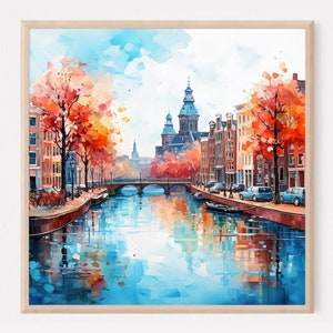 Stampa di Amsterdam, Arte murale di case sui canali, Dipinto dei Paesi Bassi, Stampa di case galleggianti, Arte murale della città, Amsterdam, Paesi Bassi. AMSTERDAM