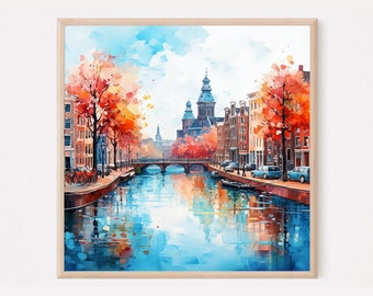 Amsterdam Canal Watercolor Painting Print: Netherlands Travel Art