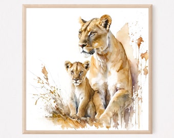 Lioness painting,  watercolor of a lion and cub art print. LI